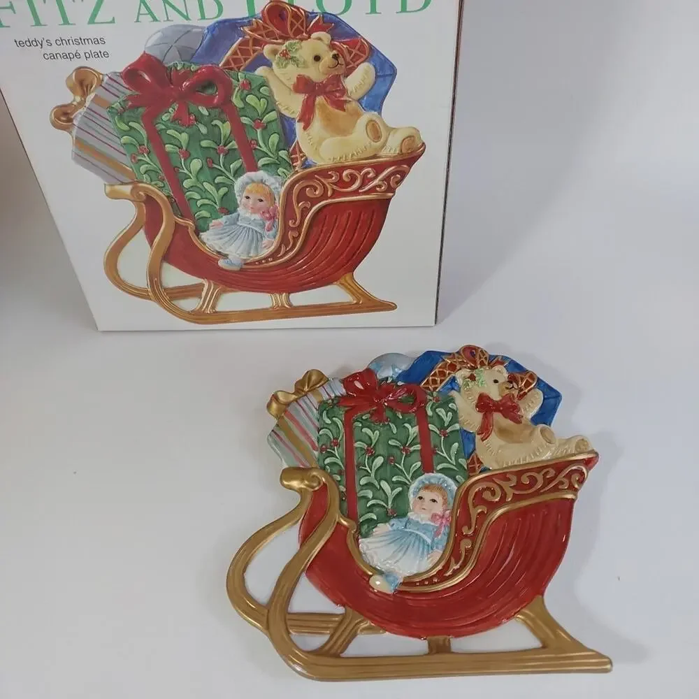 2003 Fitz and Floyd 8 Inch Canape Plate Teddy's Christmas Retired 2078/40‎